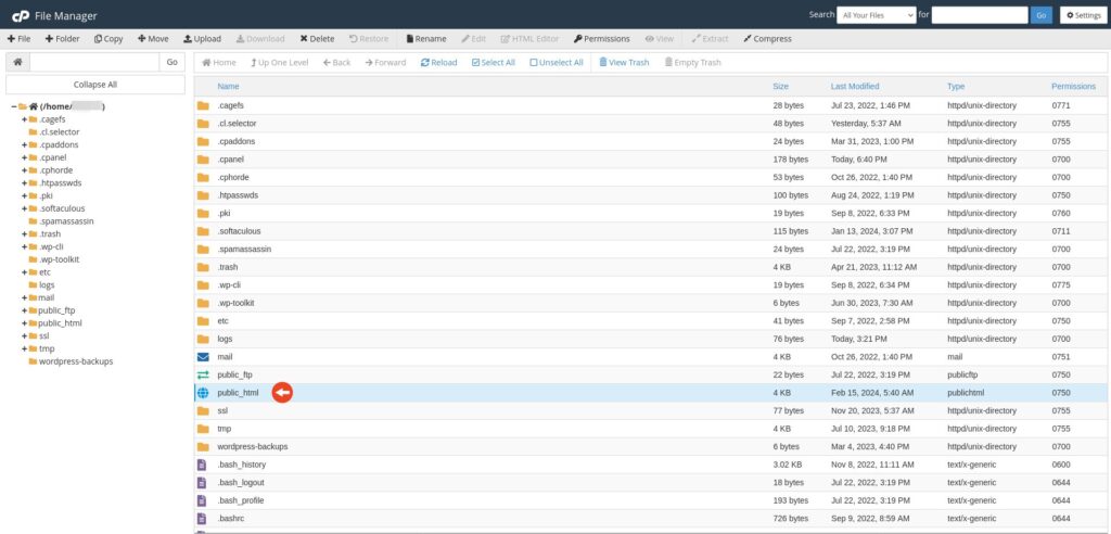 public_html folder in cPanel's File Manager.