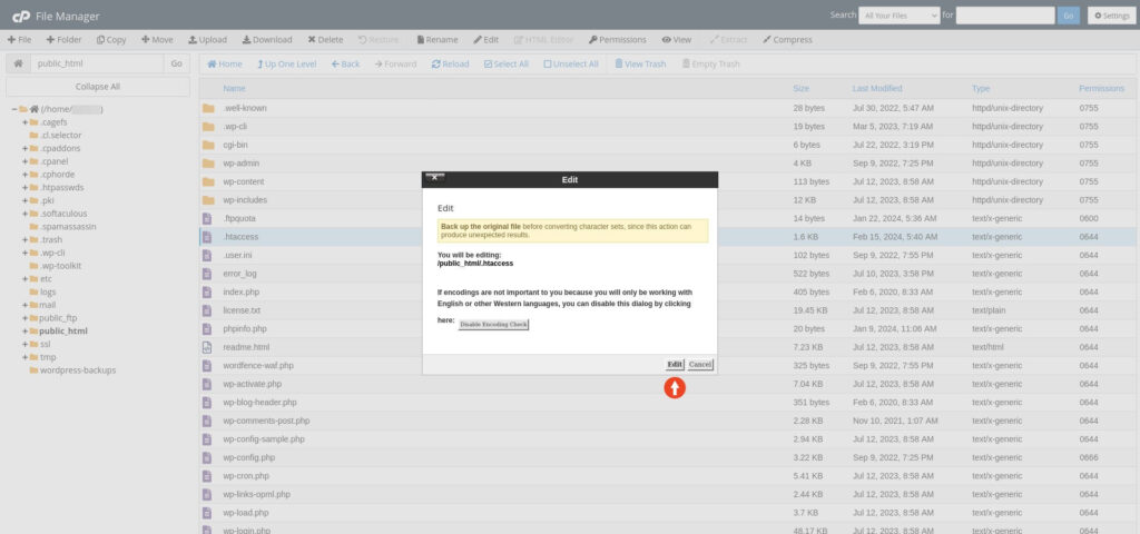 Edit htaccess cPanel dialog box